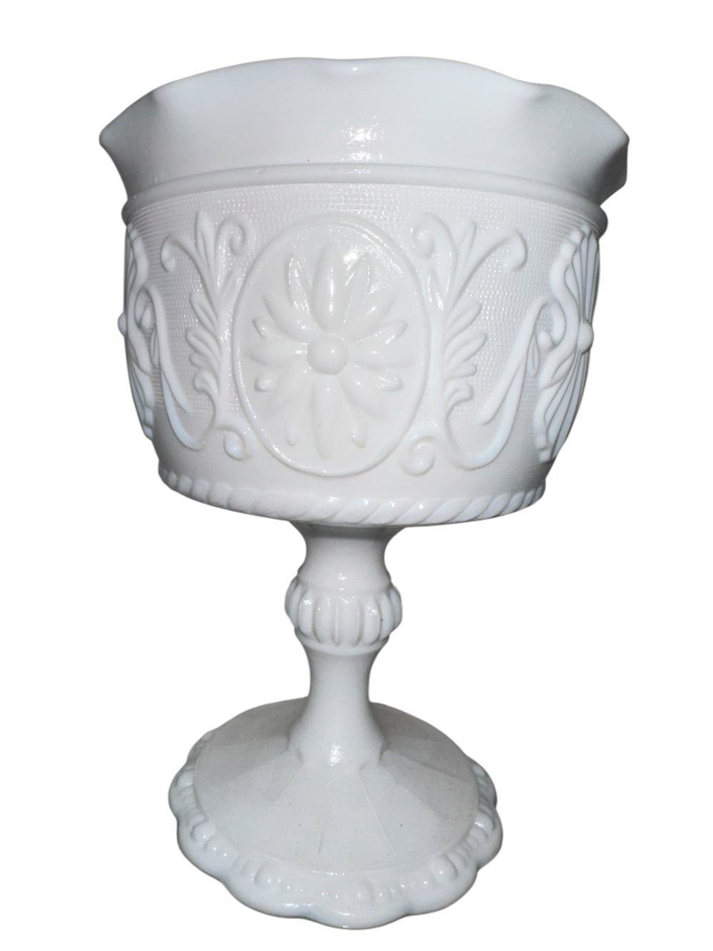Vintage Indiana Milk Glass Pedestal Compote Floral Medallion Daisy Flat Edge